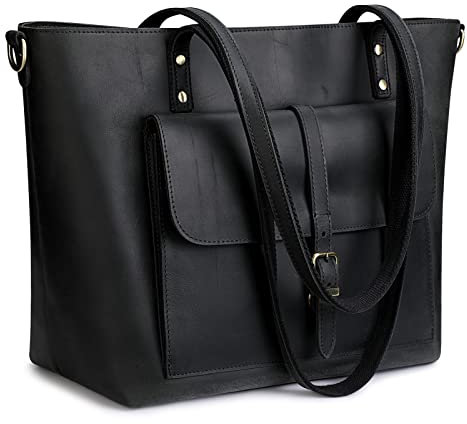 S-ZONE Damen Schultertasche Vintage Echtes Leder Groß Shopper Handtasche Henkeltasche Laptoptasche Arbeit Schule Einkaufen Reise