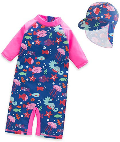 Tyidalin Mädchen Badeanzug Einteiler Baby Bademode Schwimmanzug UV-Schutz Kinder Badebekleidung mit Sonnenhut, Rosa,122-128 (Etikette 7)