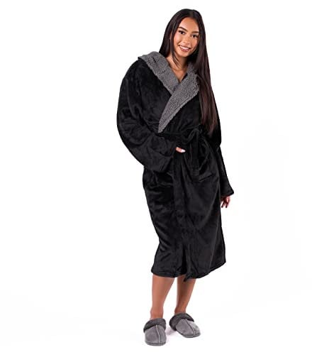 Sienna Super Soft Flannel Fleece Hooded Dressing Gown Womens Sherpa Lined Fluffy Luxurious Comfy Cosy Bathrobe Gifts for Mum (Black, One Size Fits All - Adults Men Women)