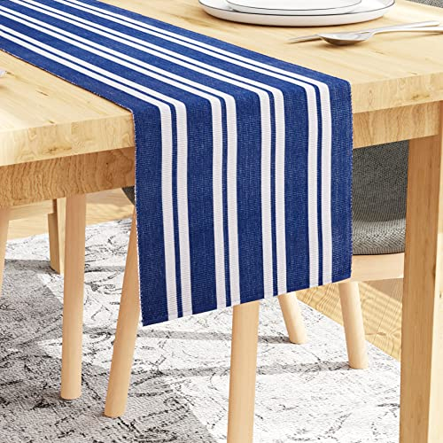 Encasa XO Tischläufer | Garngefärbte Feinripp-Baumwolle | Größe 32x150 cm | Franca Blaue Streifen | Maschinenwaschbar