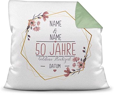 Kissen Hochzeitstag Goldene Hochzeit - mit Name & Datum selbst gestalten - 50 Jahre Ehe, Geschenk Hochzeit, Jubiläum, Jahrestag - Hochzeit Farbkissen Rückseite Grün, 40x40 cm I Personalisiert