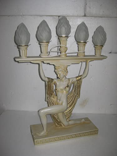 Kunibert Figurenlampe Tischlampe Lampe mit 5-flamig Flammenglas Medusa Höhe81cm Farbe: sandweiß mit gold