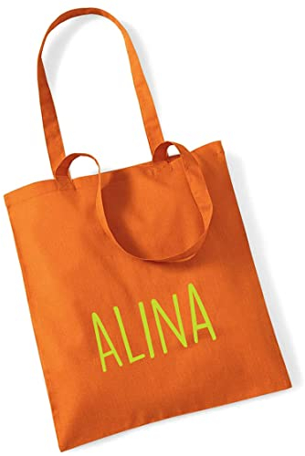 Jutebeutel bedruckt mit Name groß | Stofftasche Baumwolle inkl. Namensaufdruck für Jungen & Kinder | Personalisierter Kinderbeutel Tragetasche für Krippe, Kindergarten, Schule (orange)