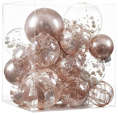 Set di palline di Natale trasparenti, 24 carati, in plastica infrangibile, da appendere, con delicate decorazioni glitterate e farcite (oro rosa)