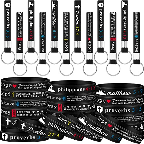 Lewtemi 24 Pcs Christian Bible Keychains Bulk Inspirational Bracelets Silicone Wristbands Jesus School Class Church Gifts, Classic Color