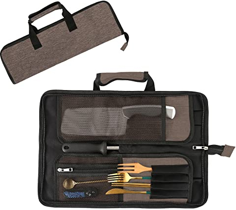 Qchengsan Chef Knife Roll Bag, Heavy Duty Oxford Knife Bag, Portable 13 Slot Chef Knife Case, Multi-function Cutlery Knives Pouch Holder Knife Wrap Wallet Tool Roll (Khaki)
