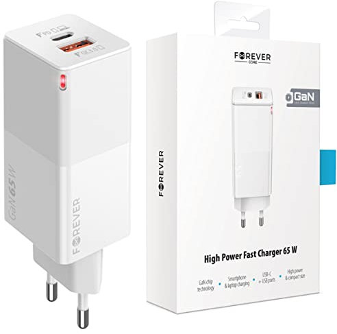 Forever Core PD+ QC 3.0 GaN - Cargador USB 1 USB-C de 65 W, color blanco, adaptador para MacBook/Pro/Air, iPhone, iPad, Galaxy, Huawei, Xiaomi, Lenovo