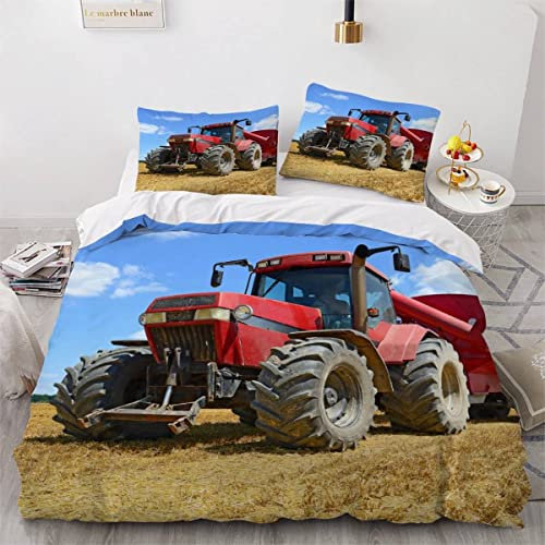3D Traktor Motiv Bettbezug Moderne Landmaschinen Bettwäsche Set 155x220 3teilig für Kinder Teenager Jungen Mädchen Leicht Mikrofaser Betten Set mit Reißverschluss und 2 Kissenbezüge 80x80 cm
