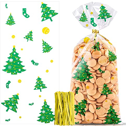 100 Stück Weihnachten Süßigkeiten Tüten, Cellophantüten, Schneeflocke Weihnachten Plätzchentüten, Kekse Goody Taschen mit 100 Stück Twist Krawatten für Plätzchen Kekse Pralinen (Weihnachtsbaum)