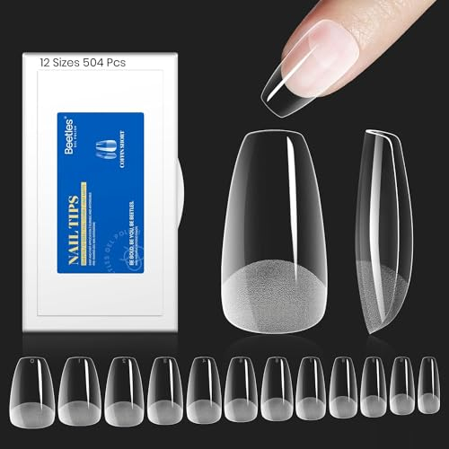 Beetles Court Coffin Faux Ongles 504pcs, Etch x Acrylique Capsules Ongles Pré-Poli Transparent Pose Americaine Avec Valise De Rangement Pour Manucure Et Diy Nail Art La Maison 12 Tailles Short Coffin