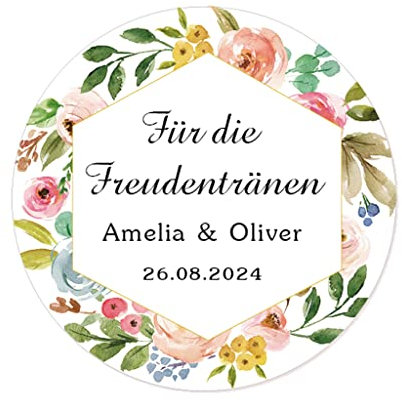 50 STICKERS 'Für die Freudentränen' PERSONALISIERT Hochzeit Aufkleber, 40mm Runde Blume Papieraufkleber Gewebe Etiketten für Hochzeit,Taufe,Gastgeschenk,Taschentücher - Rd 038 (007)