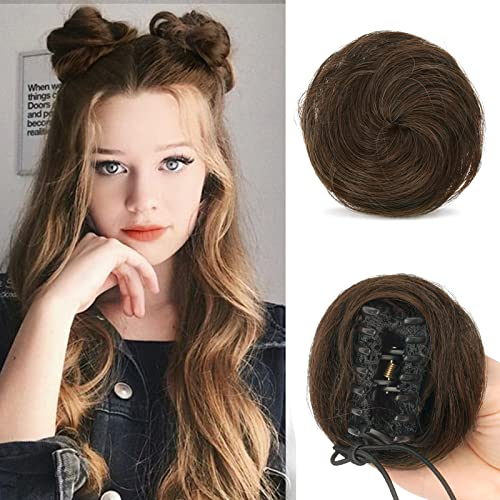 Sofeiyan 2PCS Krallen Clip in Haar Bun Mini Messy Bun Haarteile Dutt mit Klammer Synthetik Haar Scrunchies Haar Donut Chignon Pferdeschwanz Haarteil Dutt für Damen Dunkelbraun/Hellkastanienbraun Mix