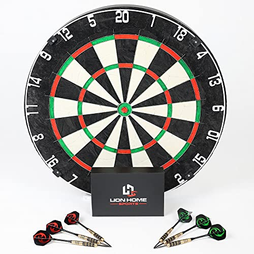 LION HOME SPORTS Hochwertige Sisal Steeldartscheibe | Mit Aufhänger & 6 Dartpfeilen, sowie Aufbewahrungsbox | Verstellbarer Zahlenring | 45cm Durchmesser | Langlebiges Material für präzise Treffer