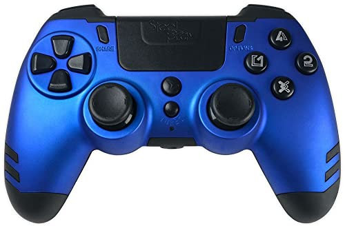 Steelplay Slimpack - Manette sans Fil 2,4 GHz, Compatible PS4/PS3/PC, Double Retour de Vibration, 4 palettes arrière programmables, Ergonomique et Confortable - Bleu