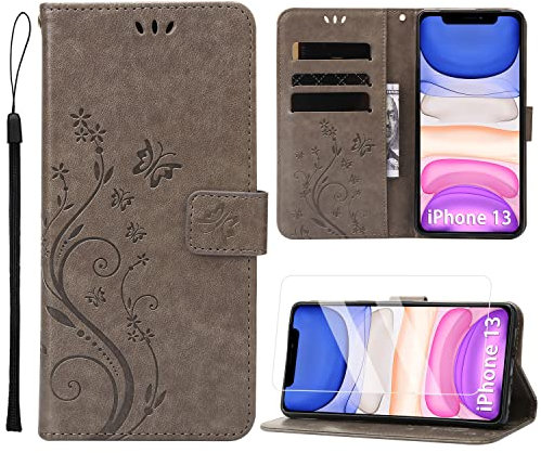 ANSHOW for iPhone 13 Case Wallet with Wrist Strap, with Screen Protector, Flip Leather Case with Cards Holder Phone Case with Kickstand Cover for iPhone 13, Gray