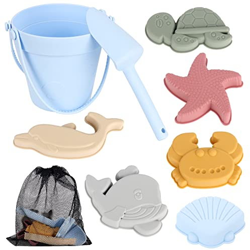 HIULLEN Jouet de Sable en Silicone, Kit de Jouets de Plage Enfant avec Seau, Pelle et Moules pour Animaux, Jouet de Sable avec Sac en Filet pour Bac a Sable Intérieur Extérieur Jardin/(Bleu)