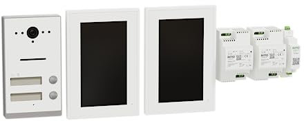 Schneider Electric Ritto TWINBUS IP VIDEO SET Türsprechanlage, 7 Zoll HD Monitor, 2 Draht Technik, 2 Familien, APP, Gegensprechanlage, Aufputz, Weiss