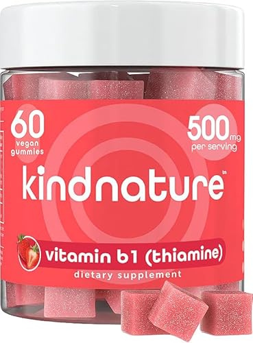 kindnature Vitamin B1 Gummies 500mg – High Potency Thiamine Supplement for Energy, Focus & Nervous System – Vegan Chewable B1 Vitamins for Adults & Kids – Natural Strawberry Flavor – 60 Ct