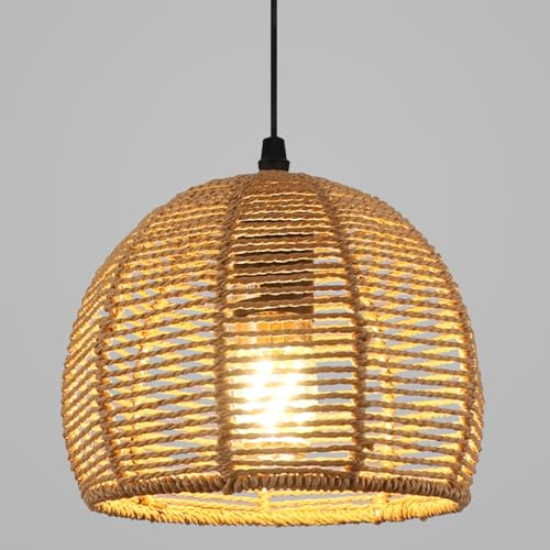 Riserva Lámpara Colgante Vintage, Lámpara de Techo Blanca Ratán E27, Lámpara de Techo Retro para Salón, Cocina, Dormitorio, Cafetería, 20cm