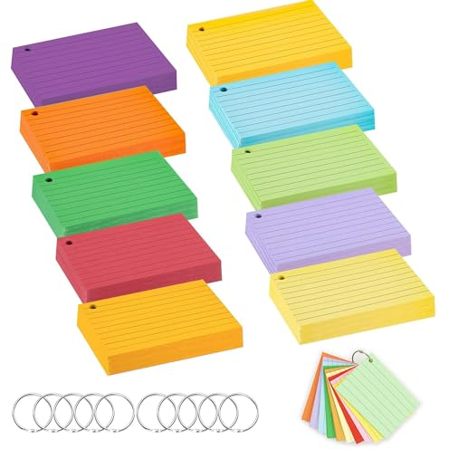Rhimooay 500 Stück Karteikarten A7, 10 Farben Linierte Karteikarte, 160g/m² Karteikarten Groß, Vokabelkarten Lernkarten Flashcards mit 10 Binderinge für Unterwegs Vokabel Lernen