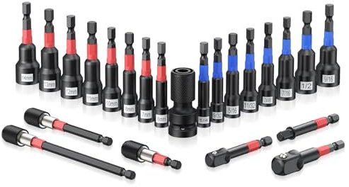 GETLITOOL 23tlg. Magnet Sechskant Stecknuss, 6-14mm Metrisch, 1/4''-9/16'' SAE Steckschlüssel Set mit Stecknuss Adapter, Magnetische Bithalter, Cr-V-Stahl robust&verschleißfest für Sechskantschrauben