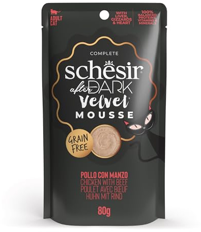 Schesir After Dark, Goût de Poulet au Boeuf en Souris, Nourriture Humide complète pour Chats Adultes (sachets12 de 80 g)