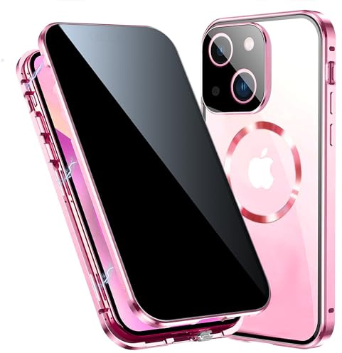 TOPF&B Magnetic Case for iPhone 15 Privacy Cover,360 Degree Full Cover Built-in Privacy Screen Protector and Camera Protector[Compatible MagSafe],Metal Bumper Case for iPhone 15,Pink