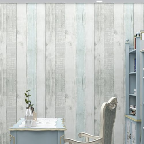 FENTIS Wood Self Adhesive Wallpaper Light Grey and Blue Panel Peel and Stick Contact Paper Sticky Back Plastic Vinyl Wrap Roll for Kitchen Bathroom Easy to Install 44.5x500cm