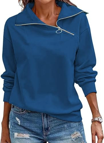 Cuptacc Sweatshirts for Women Jumpers Ladies Tops Long Sleeve Quarter Zip Jumper Stand Up Lapel Collar Thermal Pullover Blue, Large L 16-18