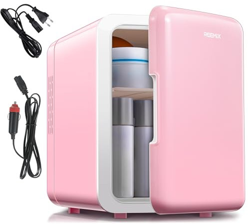 Mini Fridge 6 Litre, 10 Can Portable AC+DC Power Cooler & Warmer, Portable Small Fridge for Bedrooms, Cars, Offices, Skincare, Makeup, Cosmetics, Food (Pink, 6L)