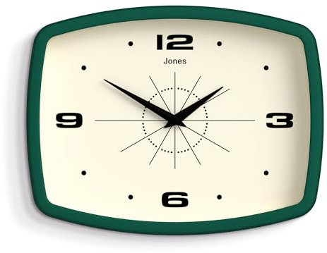 JONES CLOCKS® Movie Reloj de Pared | Reloj Retro Rectangular | 25cm | Verde Oscuro | Estilo de diseñador Moderno Genial para Cocina, Sala de Estar u Oficina