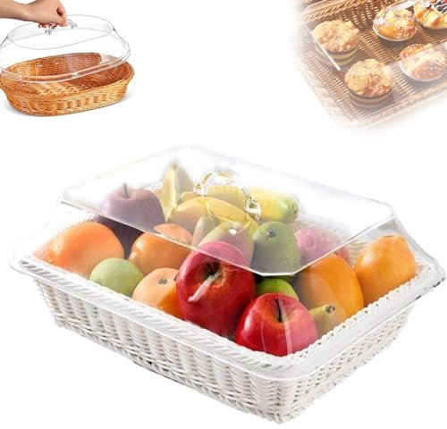 Wicker Storage Basket with Acrylic Lid Handwoven Food Serving Basket with Lid for Kitchen and Dining Room Rattan Vegetable Basket with Handle White Wicker Bread Basket with Lid (White 02)