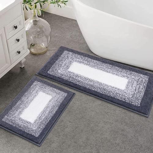Enyhom Mikrofaser Badteppich Set 2 Teilig Dunkelgrau rutschfeste Saugfähig Weiche Badematte Toilettenmatte Maschinenwaschbar Badezimmerteppich Badvorleger Sets wc Teppich,45 x 65 cm + 45 x 120 cm