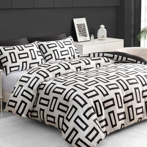 Pamposh King Size Duvet Cover Sets - Premium Satin Silk Reversible Kingsize Duvet Cover Sets - Luxurious Hotel Quality King Size Bedding Set With Zipper Closure (Black & White, King (220 x 230 cm))