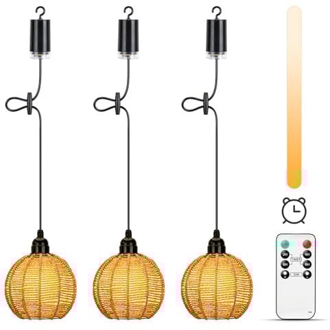 Lightsjoy 3er Hängelampe mit Batterie Outdoor Indoor Akku Pendelleuchte Dimmabel Boho Lampe Hängend mit Fernbedienung IP65 Wasserdicht Deckenlampe Lampenschirm Außen Batteriebetriebene kronleuchter