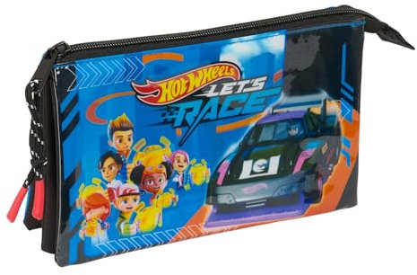 Safta Hot Wheels Let's Race - Portatodo Triple, Estuche Infantil, Estuche Niño, Ideal para Niños en Edad Escolar, Cómodo y Versátil, Calidad y Resistencia, 22x3x12 cm