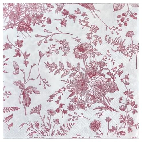 RUSPEPA 25Pcs Red Floral Cocktail Napkins - Red and White Toile Paper Napkins for Bridal and Baby Shower, Tea Party, Garden Party, Birthday Party- (12.7x12.7cm) 5 x 5 in