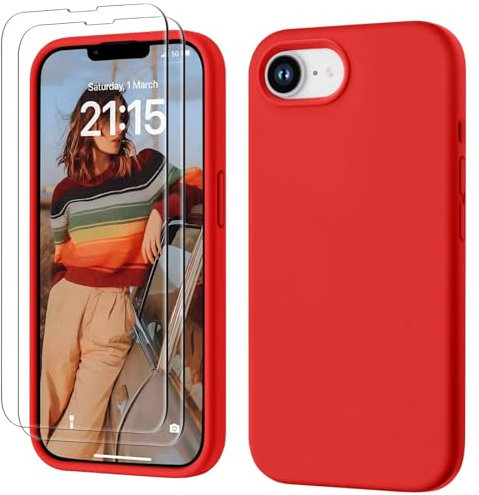 GOODVISH 3 in 1 für iPhone 16e Hülle mit 2 Stück Schutzfolie, Liquid Silikon Handyhülle Soft Mikrofaserfutter Kratzfest Stoßfeste Schutzhülle Case für iPhone 16e 6.1 Zoll, Rot
