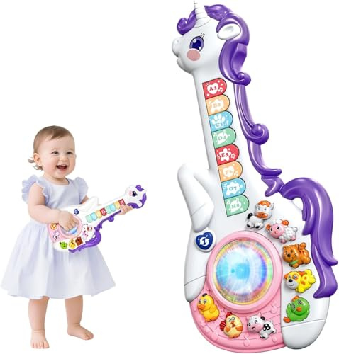 Musikalisches Gitarre & Klavier Spielzeug für Baby ab 1 2 Jahr | Einhorn Musik Spielzeug mit Lichtern, Montessori Kleinkind Lernspielzeug für Jungen & Mädchen, Geburtstag Geschenk 12 Monate