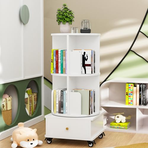 EXSELTMAN Libreria Girevole 360 Gradi con Ruote - 2 Livelli, Scaffale Verticale per Soggiorno, Camera da letto, Ufficio 40x40x88.5 cm