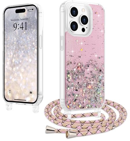 LCHULLE for iPhone 14 Pro Max Case,Adjustable Crossbody Lanyard Phone Case with Strap,Women Girls Cute Clear Necklace Bling Glitter Sequin Cover for iPhone 14 Pro Max 6.7,Pink