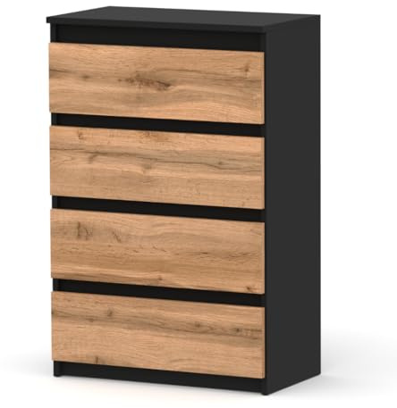 MRBLS_HOME Kommode mit 4 Schubladen - Holz Sideboard 60 x 92,5 x 33,5 cm (B/H/T) - Schmale Kommode für Schlafzimmer & Flur - Regal mit Schubladen - Schrank mit Schubladen (Schwarz Matt - Wotan)