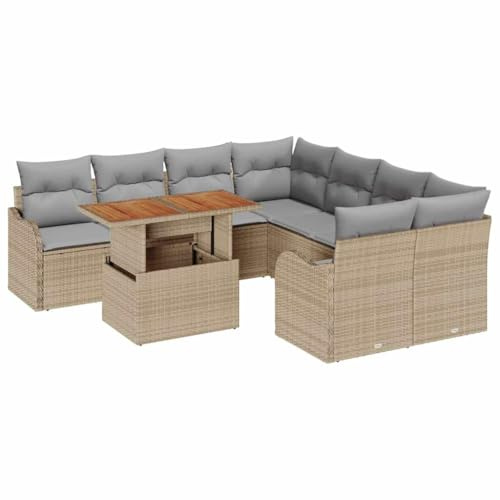 vidaXL 9-teiliges Garten-Sofa-Set mit Kissen in Beige und Grau – Poly-Rattan Gartenmöbel Patio Kollektion, Lounge Suite für Deine Terrasse.