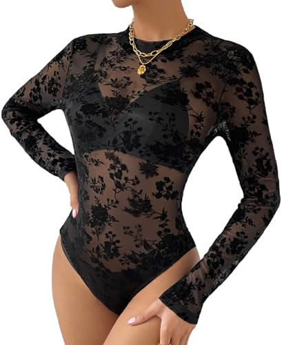 ROSVAJFY Women's Mesh Bodysuit Lace Long Sleeve Crew Neck Slim Fit Black | Sheer flocked mesh, Super-stretchy for all shapes, gentle on the skin, 3 poppers at the crotch, easy on/off, versatile piece