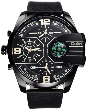 OIDEA Herren Armbanduhr Leder Sportuhr: Schwarz Lederband Quarz Analog Herrenuhr mit 3 Zeitzonen Weiß Großer Zifferblatt Kompass Dekor Geschenk für Männer