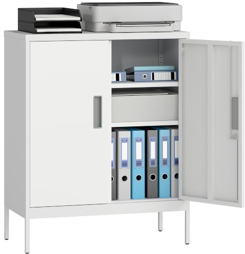 HOMCOM Aktenschrank Abschließbar Büroschrank 2 Türen 80x40x100 cm Weiß | 2 Höhenverstellbare Einlegeböden, Schloss, Aufbewahrungsschrank aus Stahl, für Büro, Arbeitszimmer
