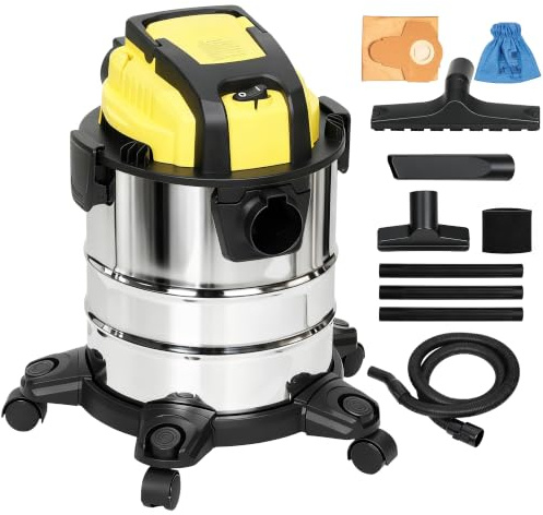 HOMCOM 3-in-1 Wet and Dry Vacuum Cleaner 1200W Blowing Mode 20L Yellow | Stainless Steel Tank, Triple Filters, Crevice Nozzle, Workshop, Home, Carpet, Car Cleaning