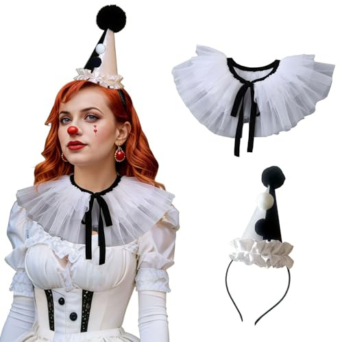 Unykaflor Narren-Clown-Hut und Rüschenkragen, 2-teiliges Halloween-Clown-Zubehör für Karneval, Weihnachten, Cosplay-Party