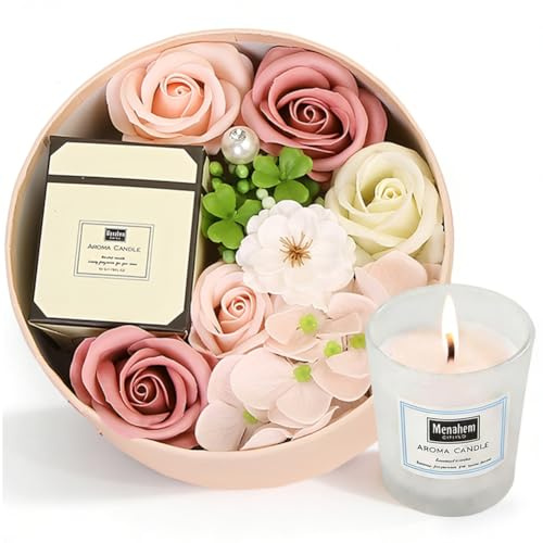 Set di saponi floreali in confezione regalo con candela profumata per donne Saponi floreali alla rosa Scatola rotonda Fiori da bagno per donne Personalizzato Compleanno Anniversario