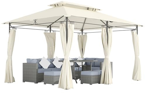 Outsunny Tonnelle de Jardin extérieur 3x4m, 6 colonnes en métal - pavillon de Jardin avec Double Toit Respirant - Barnum 12 Oeillets de Drainage et abri Solaire pour terrasse & événements, crème